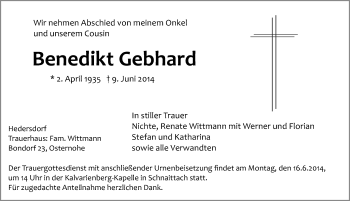 Traueranzeige von Benedikt Gebhard von Pegnitz-Zeitung